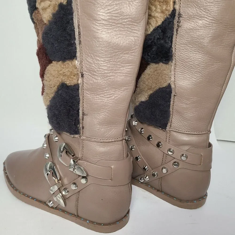 Ivy Kirzhner women boot Shearling Taupe tall fur Tartufo Patchwork sz 7.5 New